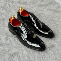 RIB-12I5 Black laced John Foster wetlook official Genuine leather shoes with durable leather and rubber soles size 40 - 45