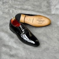 RIB-30R5 Black laced John Foster wetlook official Genuine leather shoes with durable leather and rubber soles size 40 - 45
