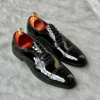 RIB-10M5 Black laced John Foster wetlook official Genuine leather shoes with durable leather and rubber soles size 40 - 45