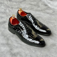 RIB-2E85 Black laced John Foster wetlook official Genuine leather shoes with durable leather and rubber soles size 40 - 45